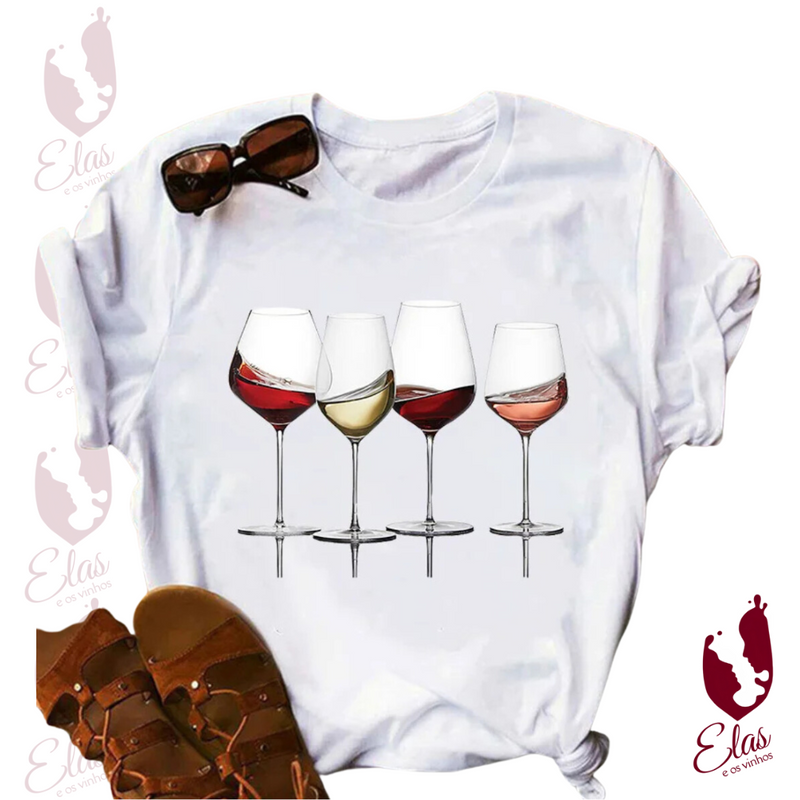 Camiseta Feminina De Manga Curta Estampa De Vinhos - LineWine